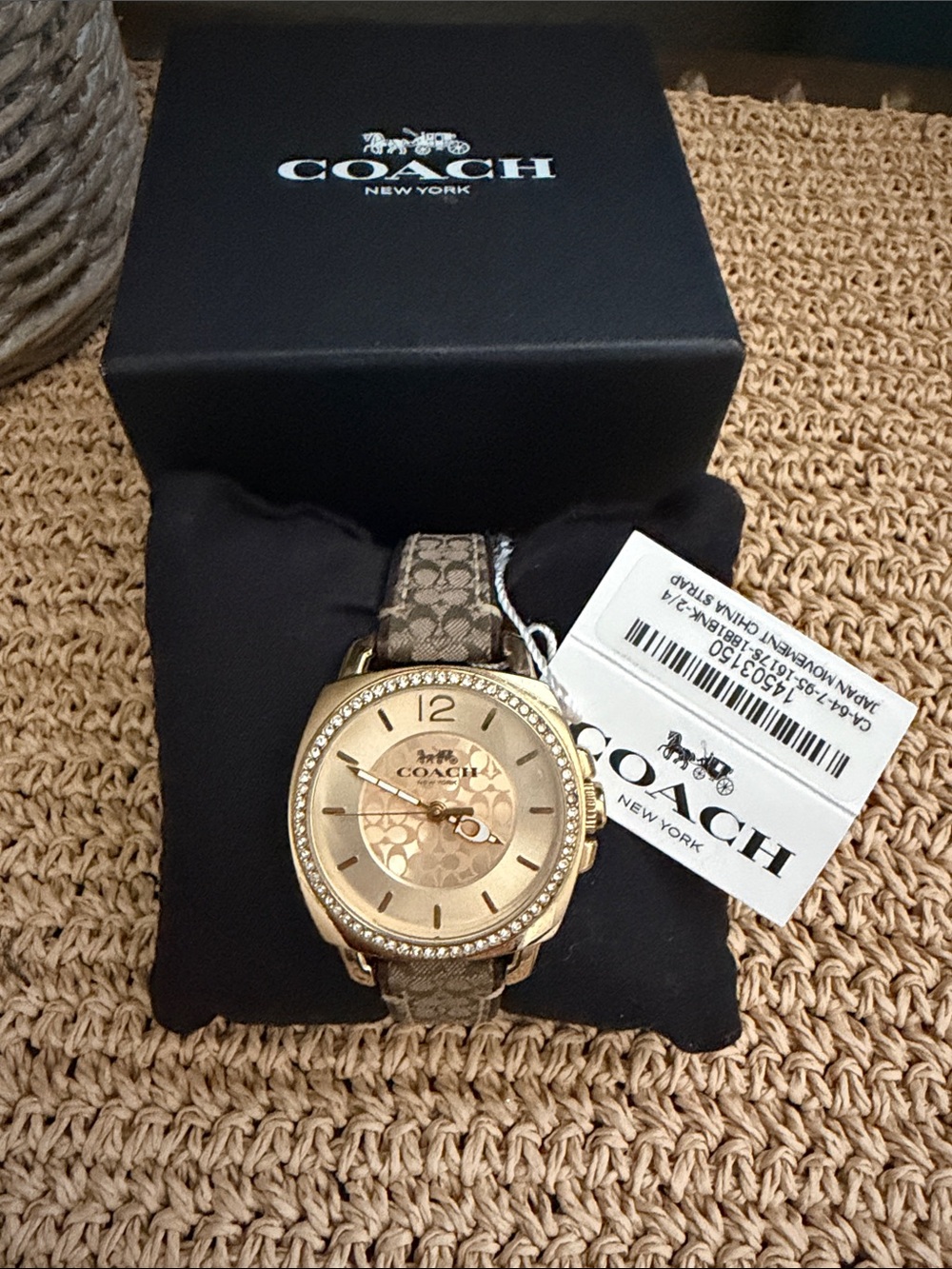 COACH Gold-Tone Case Watch with Khaki Signature Fabric Strap